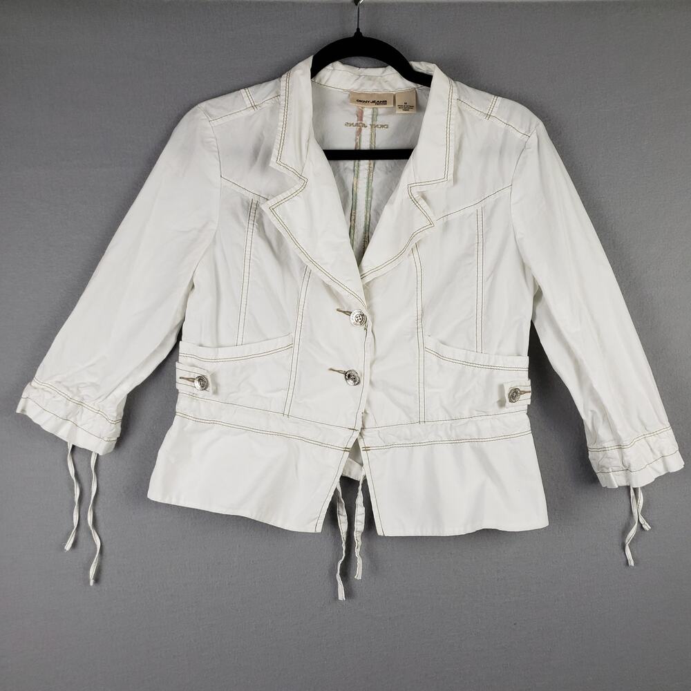 Y2K DKNY Women's Size 14 Jean Jacket White Denim Office Casual Tie Accent